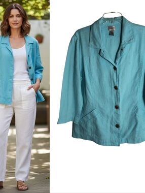 Chico's 100% Linen Button Down Top Wmns L Blue 3/4 Sleeve Lightweight Casual